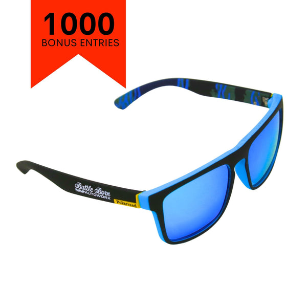 A pair of BattleBorn polarized sunglasses with blue lenses and a black frame with blue accents, offering a sleek and stylish cool blue look.