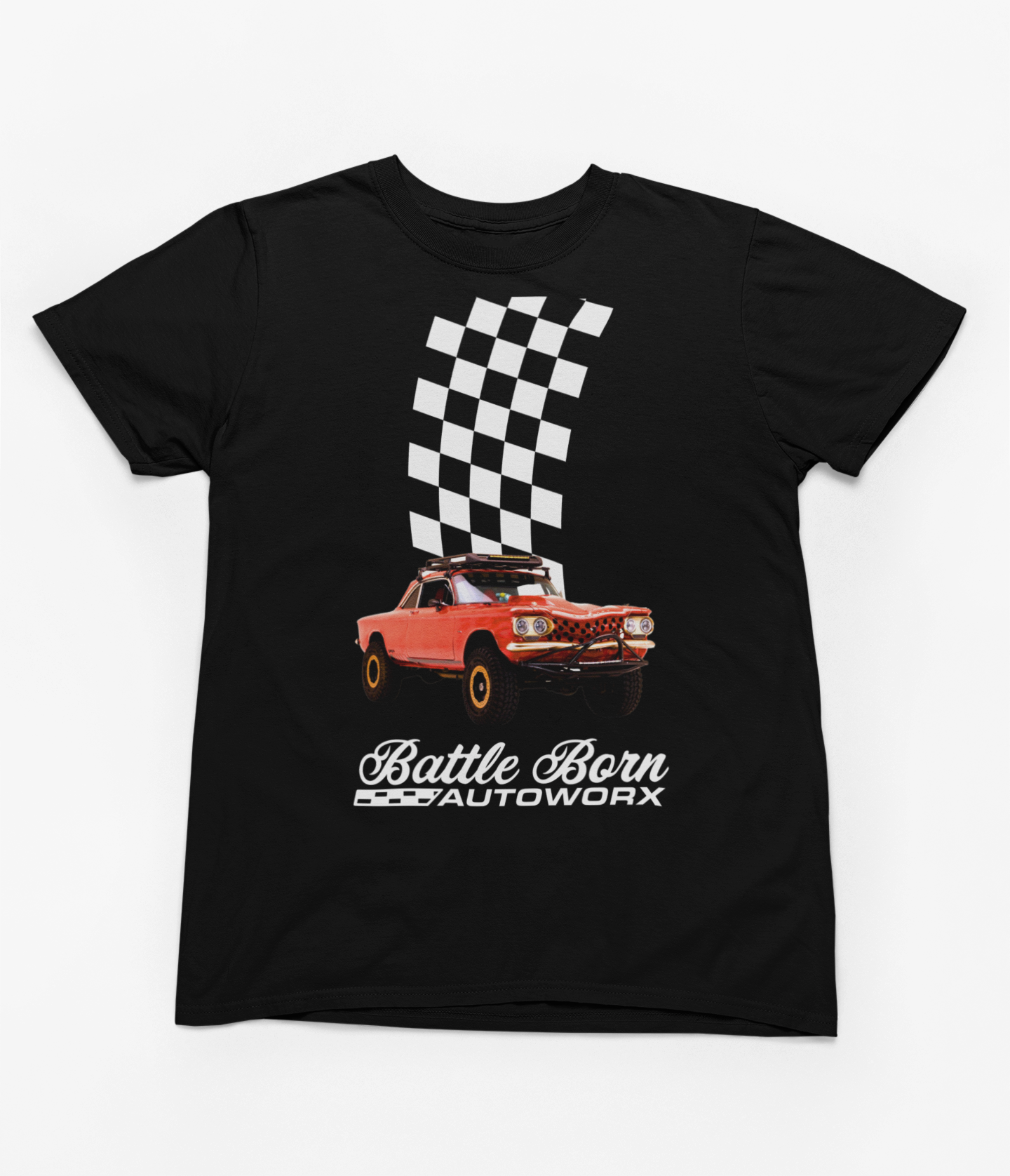 Battle Born Autoworx Race Tee in Black - Unleash your inner speed demon with this sleek and stylish black tee. Perfect for gearheads and adrenaline enthusiasts. Available at BattleBornAutoworx.com.